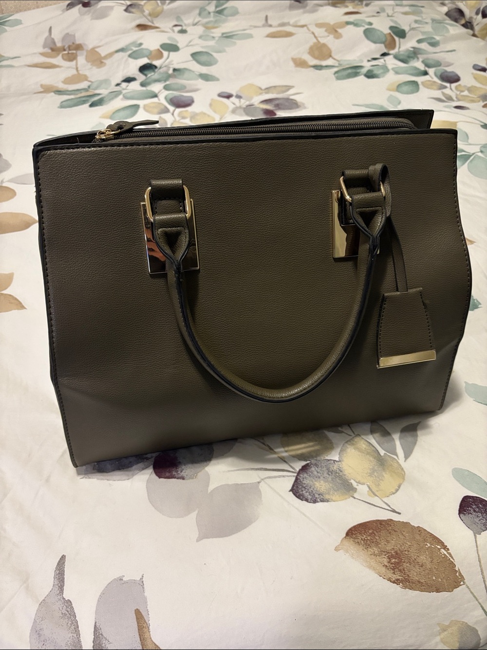 Structured Olive Green Shoulder Bag with Gold Accents
